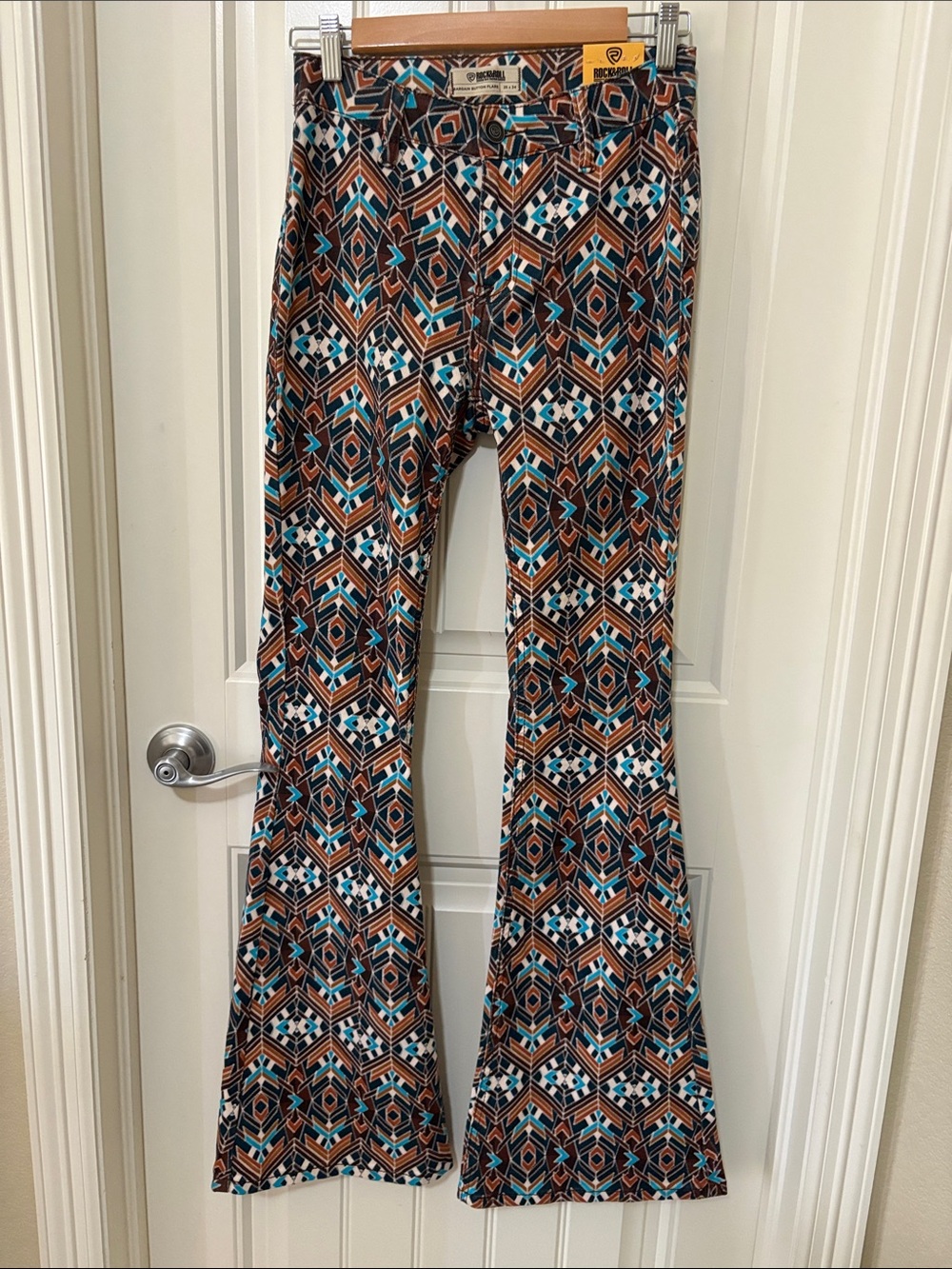 NWT Rock&Roll Denim Flare Geometric Print Pants - Teal & Brown